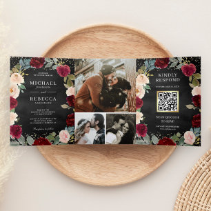 Burgunder-Pfirsich-Blumen-Hochzeit QR-Code Schwarz Dreifach Gefaltete Einladung