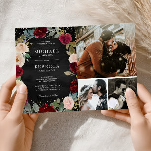 Burgunder-Pfirsich-Blumen-Hochzeit QR-Code Schwarz Einladung