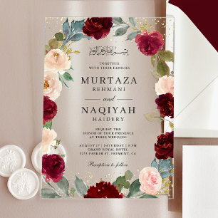 Burgunder Pfirsich Blumen Muslimische Hochzeit Acryleinladungen