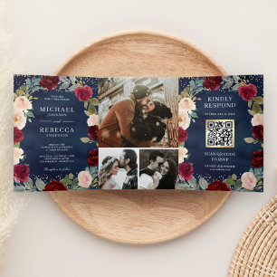 Burgunder Pfirsich Blumen QR Code Navy Blau Hochze Dreifach Gefaltete Einladung