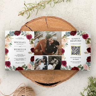 Burgunder Pfirsich Floral All in One QR Code Hochz Dreifach Gefaltete Einladung