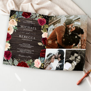 Burgunder Pfirsich Floral Foto QR-Code Holz Hochze Einladung