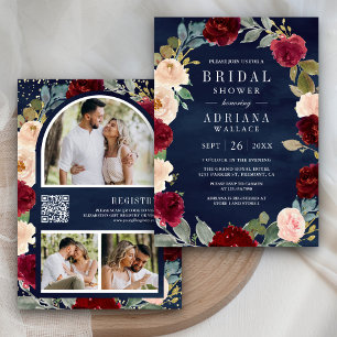 Burgunder Pfirsich Floral QR Code Navy Brautparty Einladung