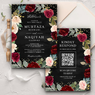 Burgunder Pfirsich Floral QR Code Schwarze muslimi Einladung