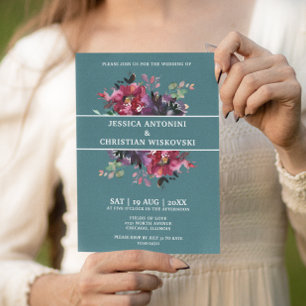 Burgunder-Pflaume Floral Rauch Grün Hochzeit Einladung