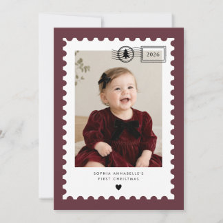Burgunder-Postwertzeichen-Babys erstes Weihnachten