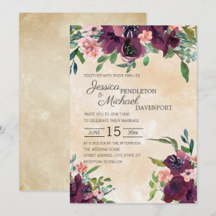 Burgunder Rosa Aquarell Blumen Salbei Grün Hochzei Einladung