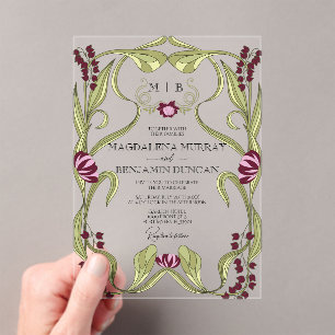 Burgunder-Rosa Art Nouveau Florale Hochzeit Acryleinladungen