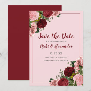 Burgunder-Rosa-Blumen-Hochzeit-Speichert-Datum Einladung