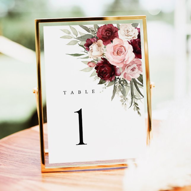 Burgunder-Rosa Blumen Hochzeit Tischnummern (burgundy blush pink floral wedding table numbers, elegant rose reception table decor signage)