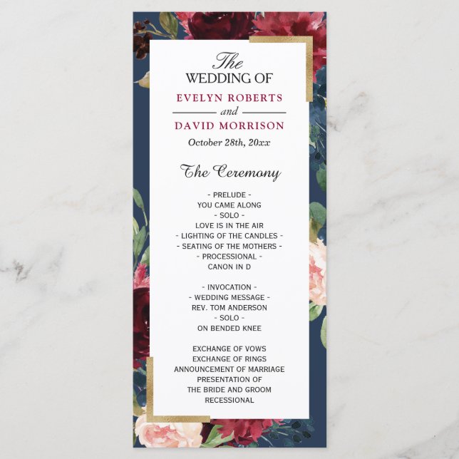 Burgunder-Rosa-Blumen-Hochzeitsprogramm in Navybla Programm (Vorderseite)