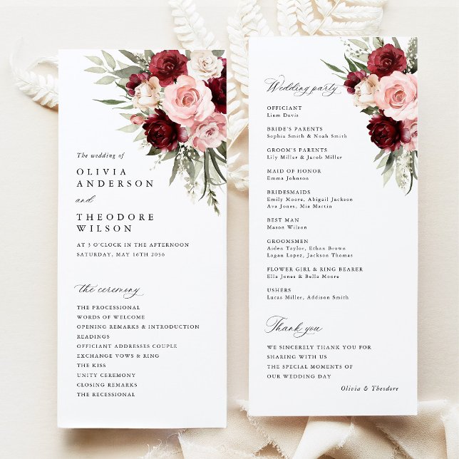 Burgunder-Rosa-Blüten-Hochzeitszeremonie Programm (burgundy blush pink floral wedding program card, ceremony program, elegant burgundy rose stationery)