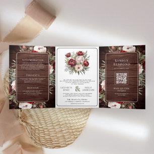 Burgunder-Rosa-Blüten-Rustikal-Holze-Hochzeit Dreifach Gefaltete Einladung
