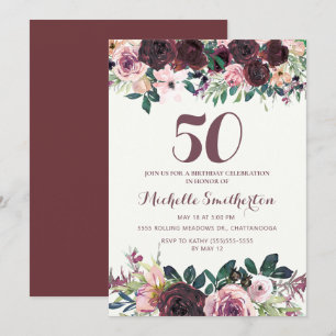 Burgunder-Rosa-Blütenblätter 50. Geburtstag Einladung