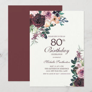Burgunder-Rosa-Blütenblätter 80. Geburtstag Einladung