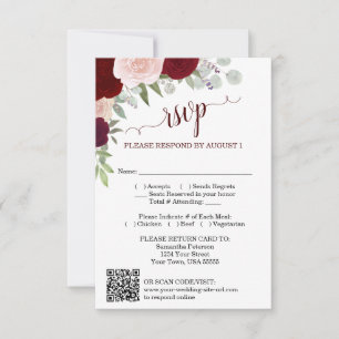 Burgunder-Rosa Boho-Rosen Hochzeit QR-Code RSVP Einladung