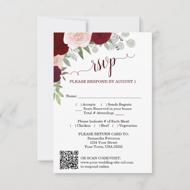 Burgunder-Rosa Boho-Rosen Hochzeit QR-Code RSVP  Einladung (Vorderseite)