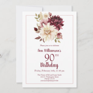 Burgunder Rosa Floral 90. Geburtstag Einladung