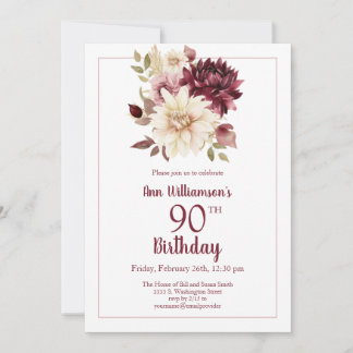 Burgunder Rosa Floral 90. Geburtstag Einladung