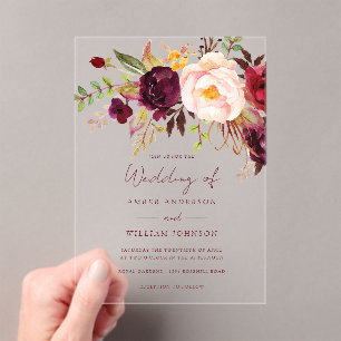 Burgunder-Rosa Florale Hochzeit Acryleinladungen