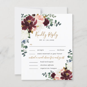 Burgunder-Rosa-Gold-Hochzeit mit 3 Menüwahl RSVP Karte