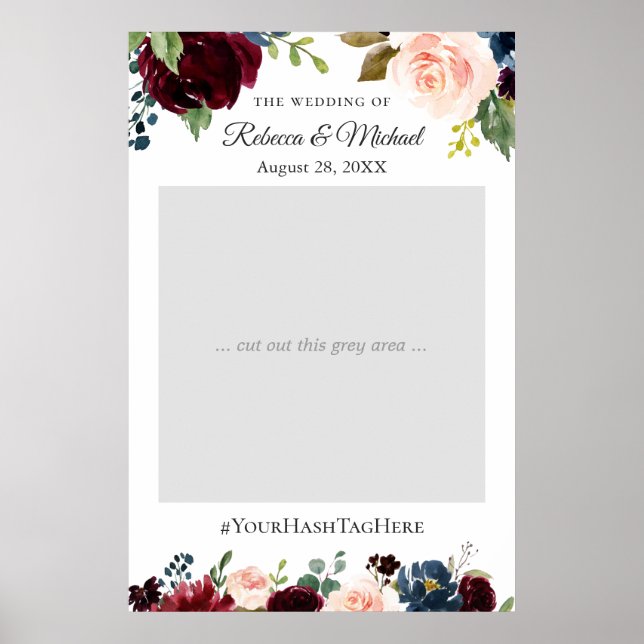 Burgunder-Rosa-Navy-Blumen-Hochzeits-Fotobooth Poster (Vorne)