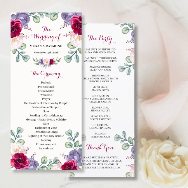Burgunder-Rosa-Navy-Blüten-Hochzeitsprogramm (Von Creator hochgeladen)