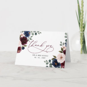 Burgunder-Rosa-Navy-Grünpflanzen-Blumenhochzeit Dankeskarte