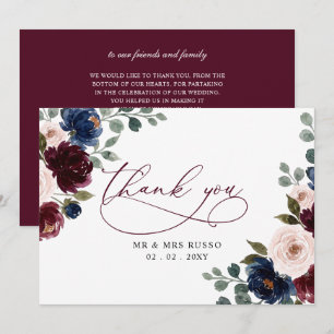 Burgunder-Rosa-Navy-Grünpflanzen-Blumenhochzeit Dankeskarte