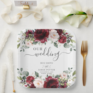 Burgunder-Rosa-Rosa-Blumen-Hochzeit-Einweihungspar Pappteller
