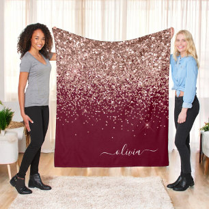 Burgunder-Rosa-Roségold-Glitter-Monogramm Fleecedecke