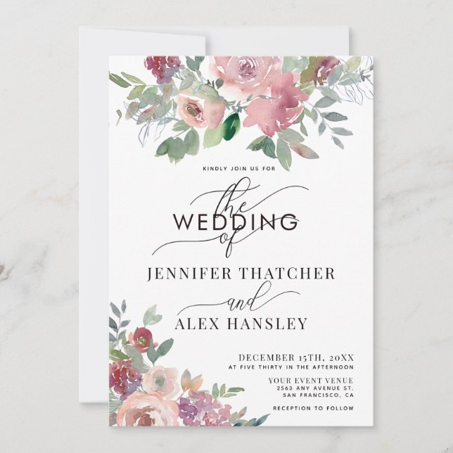 Burgunder-Rosa-Script-Floral-QR-Code-Hochzeit Einladung (Vorderseite)