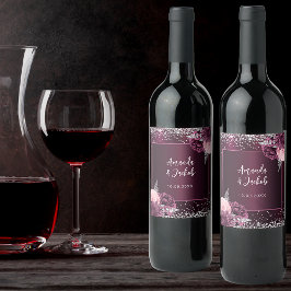 Burgunder Rosa Silberflorale Hochzeit Weinetikett