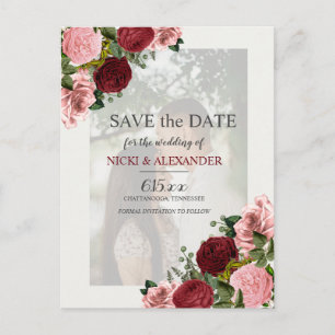 Burgunder-Rosa-verblasstes-Foto-Hochzeit-Save-Date Postkarte
