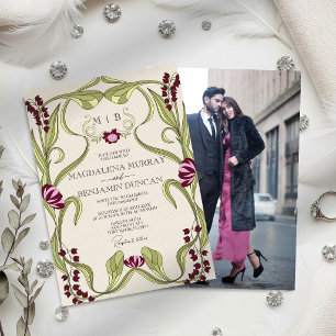 Burgunder-Rosa-Vintage-Art Nouveau-Foto-Hochzeit Einladung