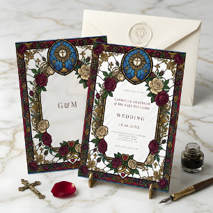 Burgunder-Rose-Buntglas-Katholische-Hochzeit Einladung