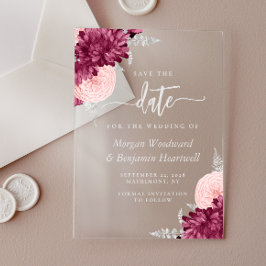 Burgunder-Rosé-silberne Blumige Hochzeit - Termin Acryleinladungen