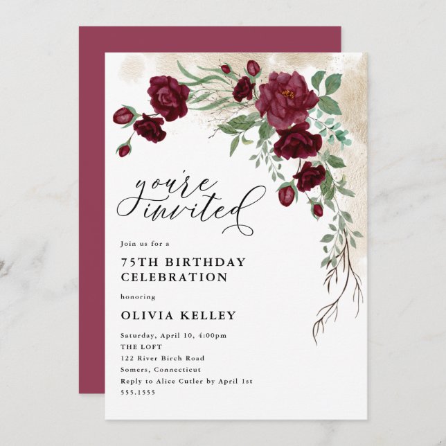 Burgunder Rose Vine, Blumengeburt Party Einladung (Vorne/Hinten)