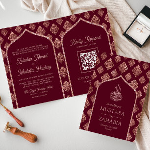 Burgunder-Roségold-Bogen-QR-Code-Muslim-Hochzeit Einladung