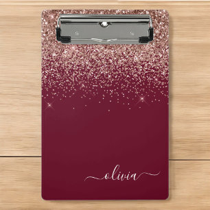 Burgunder-Roségold-Rouge Glitter-Monogramm Mini Klemmbrett