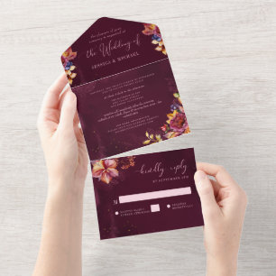 Burgunder-Roségold-Wasserfarbe-Herbstlaub-Hochzeit All In One Einladung