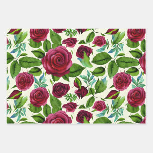 Burgunder-Rosen-Blumenprint Geschenkpapier Set