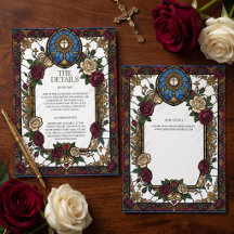 Burgunder-Rosen-Buntglas-Katholische-Hochzeit
