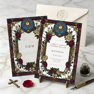 Burgunder-Rosen-Buntglas-Katholische Hochzeit Einladung