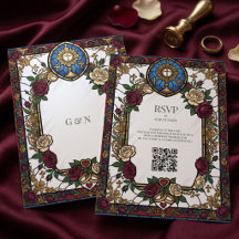 Burgunder-Rosen-Buntglas-Katholische-Hochzeit Save