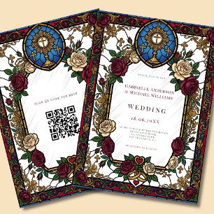 Burgunder-Rosen-Buntglas-Katholische-QR-Hochzeit Einladung