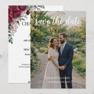 Burgunder-Rosen-Foto-Save-the-Date-Karte Weiß Save The Date