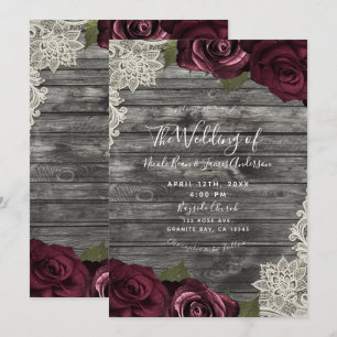 Burgunder Rosen Grau Holz Creme Spitze Hochzeit Einladung