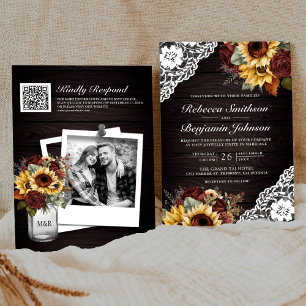 Burgunder Rosen Sonnenblume Holz Spitze QR Code Ho Einladung