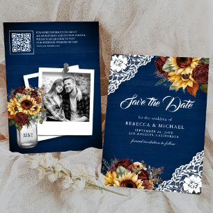 Burgunder-Rosen-Sonnenblume-Marineblauer QR-Code-H Save The Date